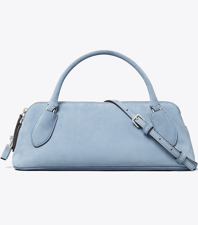 Tory Burch designer crossbody bags Lock Suede Top Handle Bag in Steel Blue front