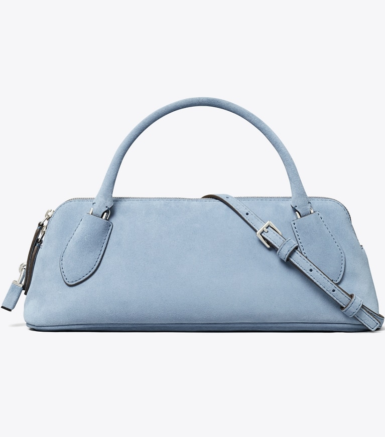 Tory Burch designer crossbody bags Lock Suede Top Handle Bag in Steel Blue front