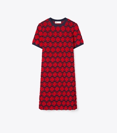 Tory Burch designer dresses Logo Bouclé Dress in Maraschino Red / Medium Navy front