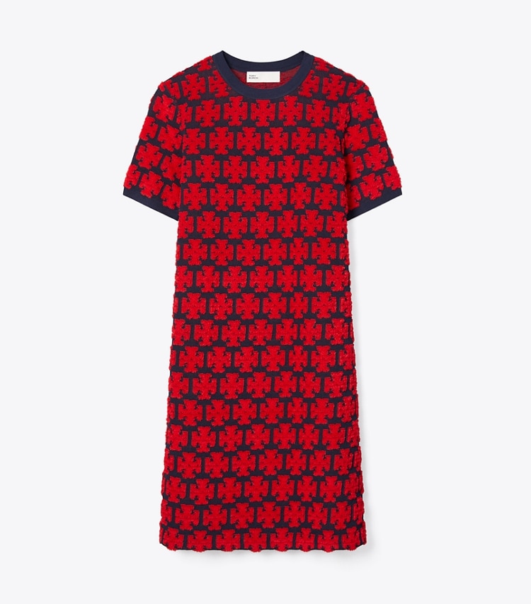 Tory Burch designer dresses Logo Bouclé Dress in Maraschino Red / Medium Navy front