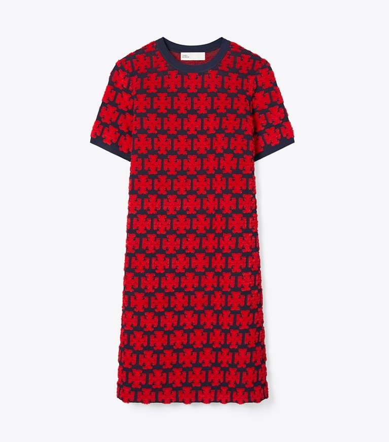 Tory Burch designer dresses Logo Bouclé Dress in Maraschino Red / Medium Navy front