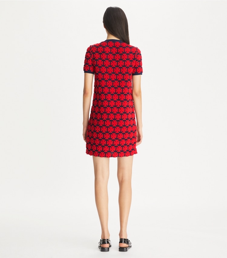 Tory Burch designer dresses Logo Bouclé Dress in Maraschino Red / Medium Navy on model back