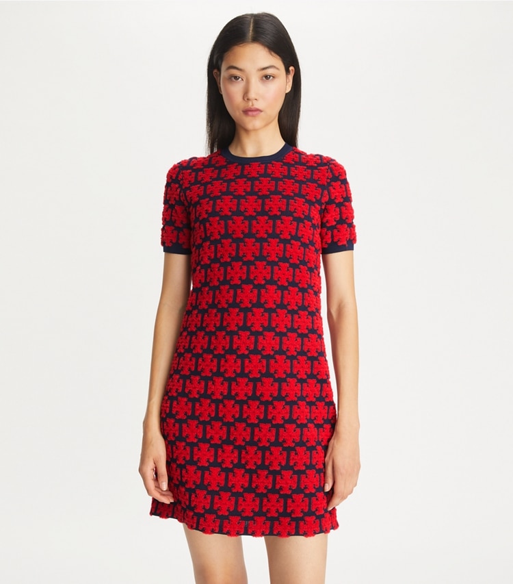 Tory Burch designer dresses Logo Bouclé Dress in Maraschino Red / Medium Navy on model detail