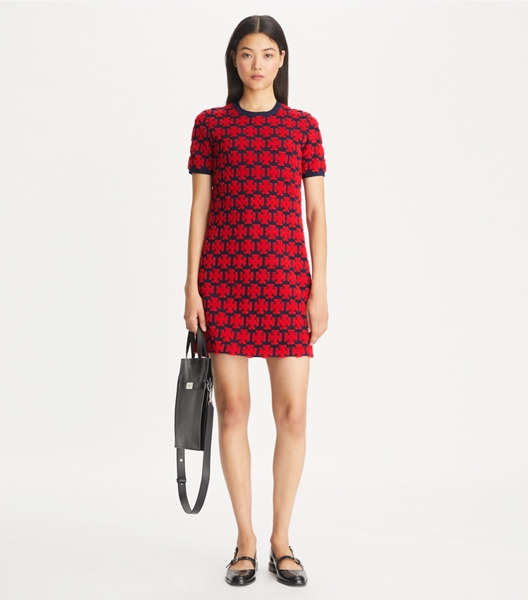 Tory Burch designer dresses Logo Bouclé Dress in Maraschino Red / Medium Navy on model front