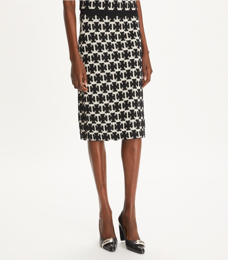 Tory Burch designer bottoms Logo Bouclé Skirt in BLACK / FRENCH CREAM front