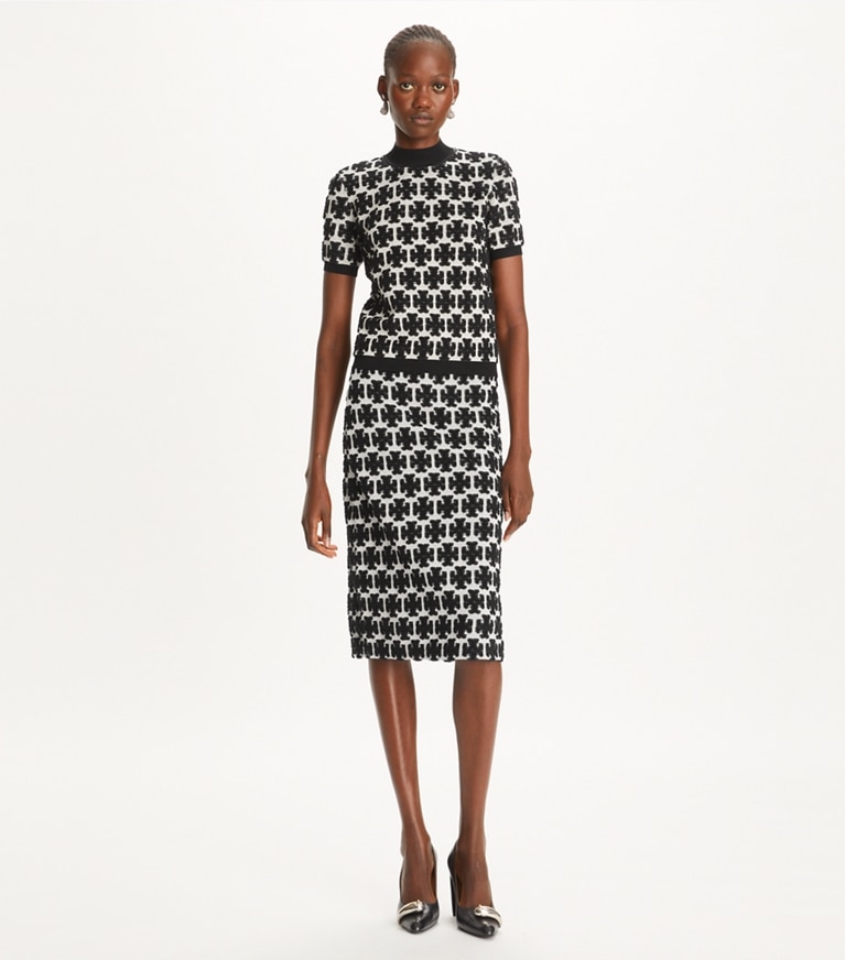 Tory Burch designer bottoms Logo Bouclé Skirt in BLACK / FRENCH CREAM front