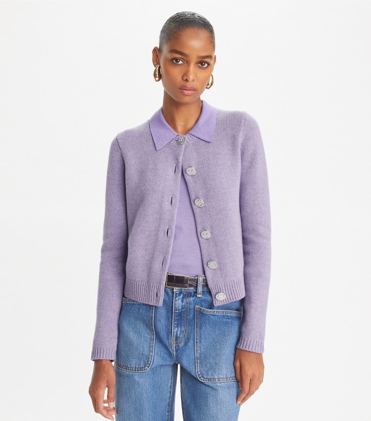 Tory Burch designer sweaters Logo Button Wool Cardigan in Bright Wisteria Melange on model detail