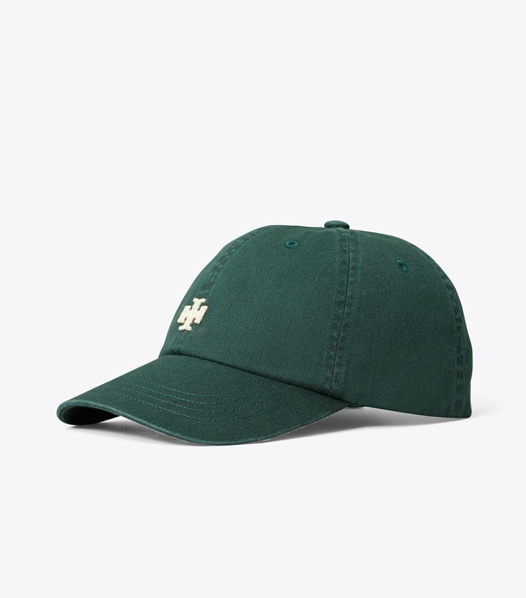 Tory Burch designer hats Logo Cap in Conifer angle
