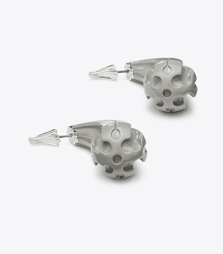 Tory Burch designer earrings Logo Drop Front-Back Earring in Light Silver / Gray front