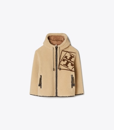 Tory Burch designer コート ロゴ フリースジャケット in Oatmeal front