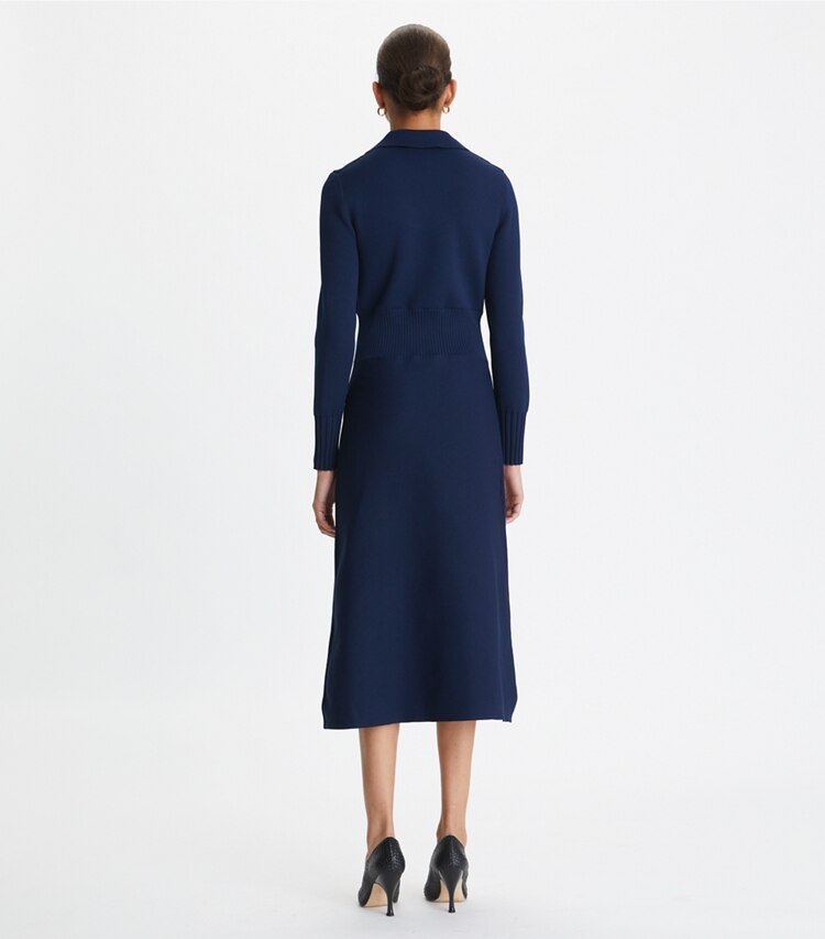 Tory Burch designer dresses Logo Knit Polo Dress in Tory Navy / Toasted Granola on model back