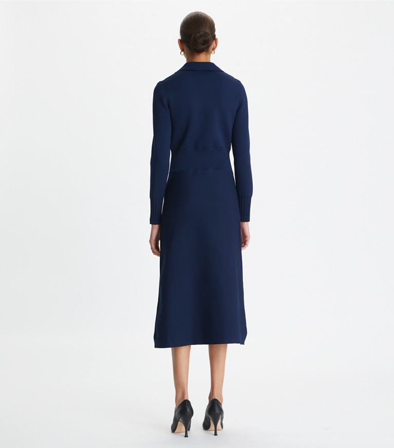 Tory Burch designer dresses Logo Knit Polo Dress in Tory Navy / Toasted Granola front