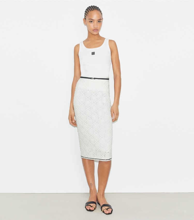 Tory Burch designer ボトムス ロゴ レーススカート in White モデル前面