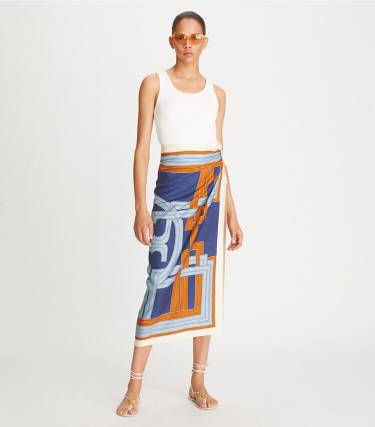 Tory Burch designer scarves Logo Link Silk Square Scarf  in Blue accessory on model