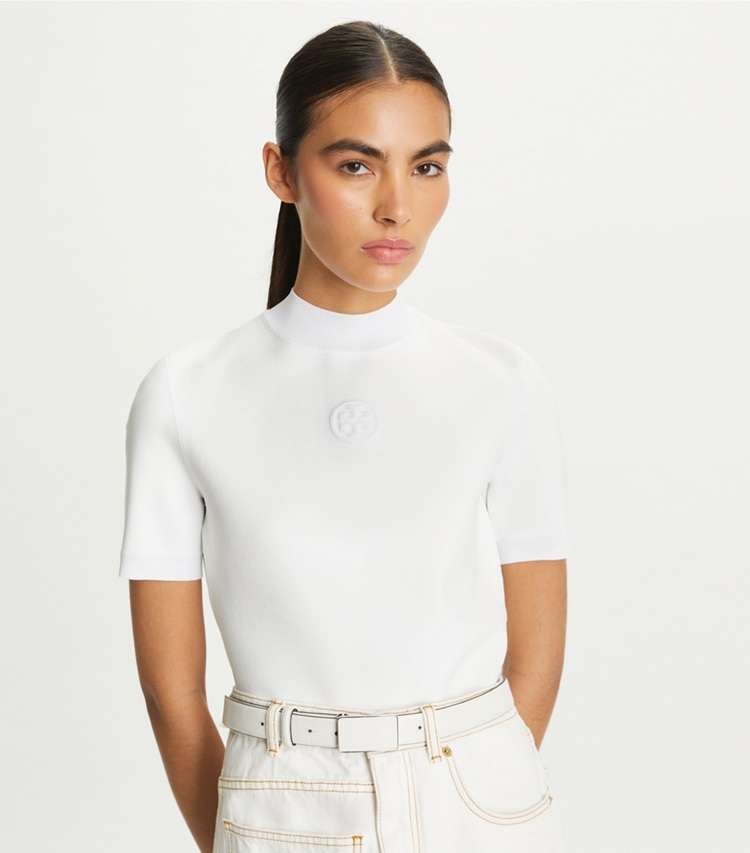 Tory Burch designer sweaters Logo Mockneck T-Shirt in Bright White on model detail