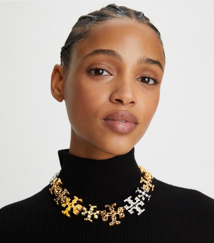 Tory Burch designer necklaces Logo Necklace in Rolled Gold / Multi accessory on model