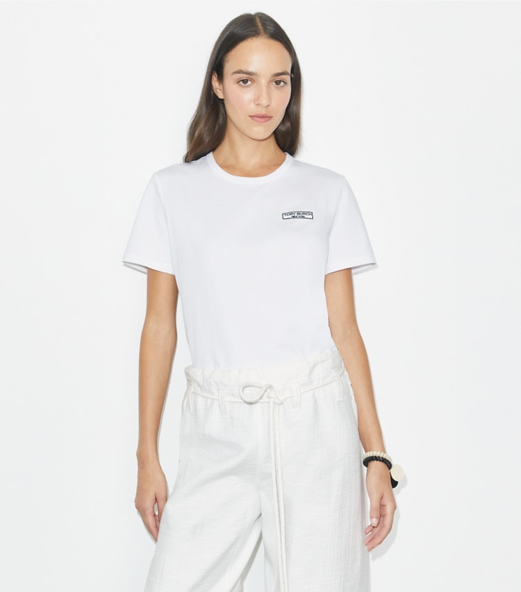 Tory Burch designer tops Logo Patch T-Shirt in White on model detail