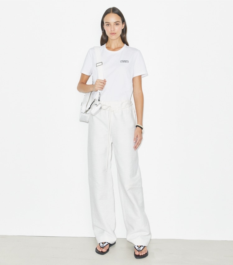 Tory Burch designer tops Logo Patch T-Shirt in White on model front