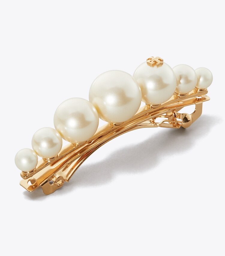 Tory Burch designer hair pins Logo Pearl Hair Clip in Tory Gold/Pearl detail