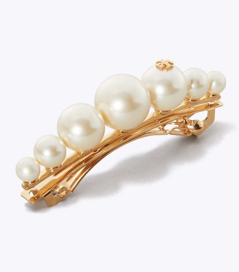 Tory Burch designer hair pins Logo Pearl Hair Clip in Tory Gold/Pearl front