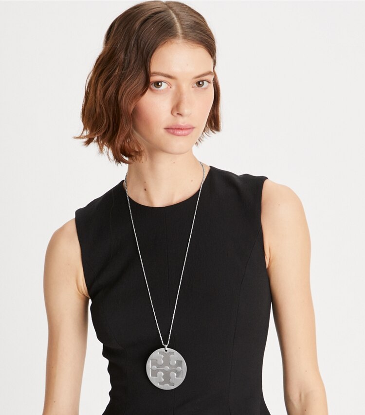 Tory Burch designer necklaces Logo Pendant Necklace in Silver accessory on model