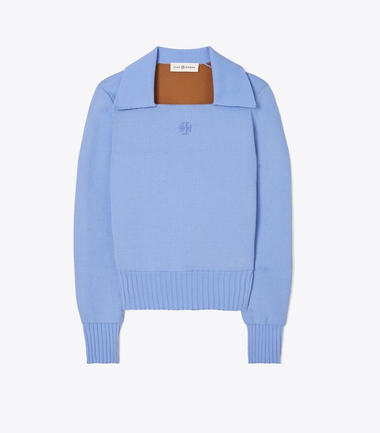 Tory Burch designer sweaters Logo Polo Sweater in Blue Hydrangea front
