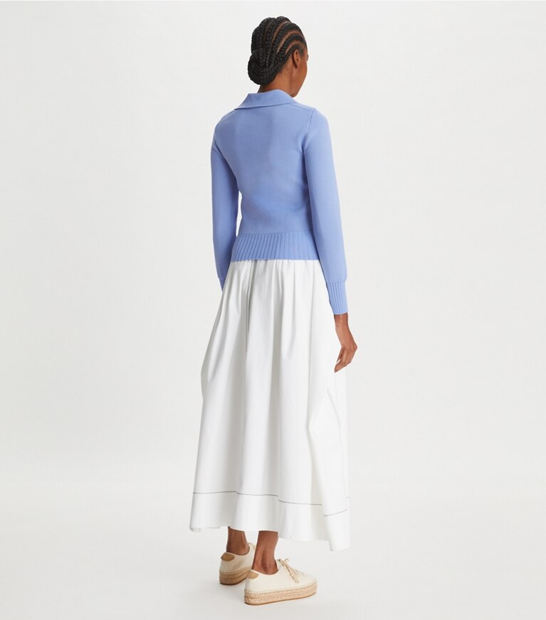 Tory Burch designer sweaters Logo Polo Sweater in Blue Hydrangea front