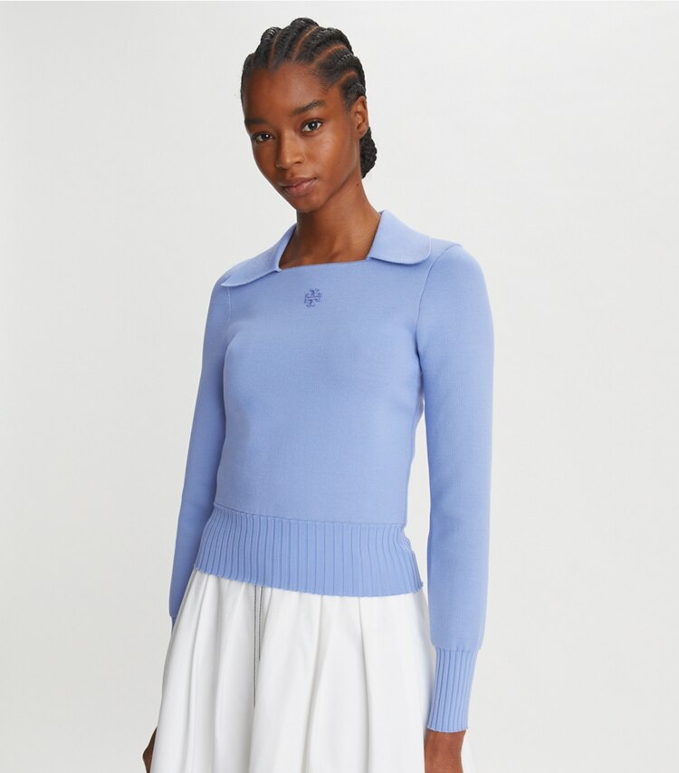 Tory Burch designer sweaters Logo Polo Sweater in Blue Hydrangea on model detail