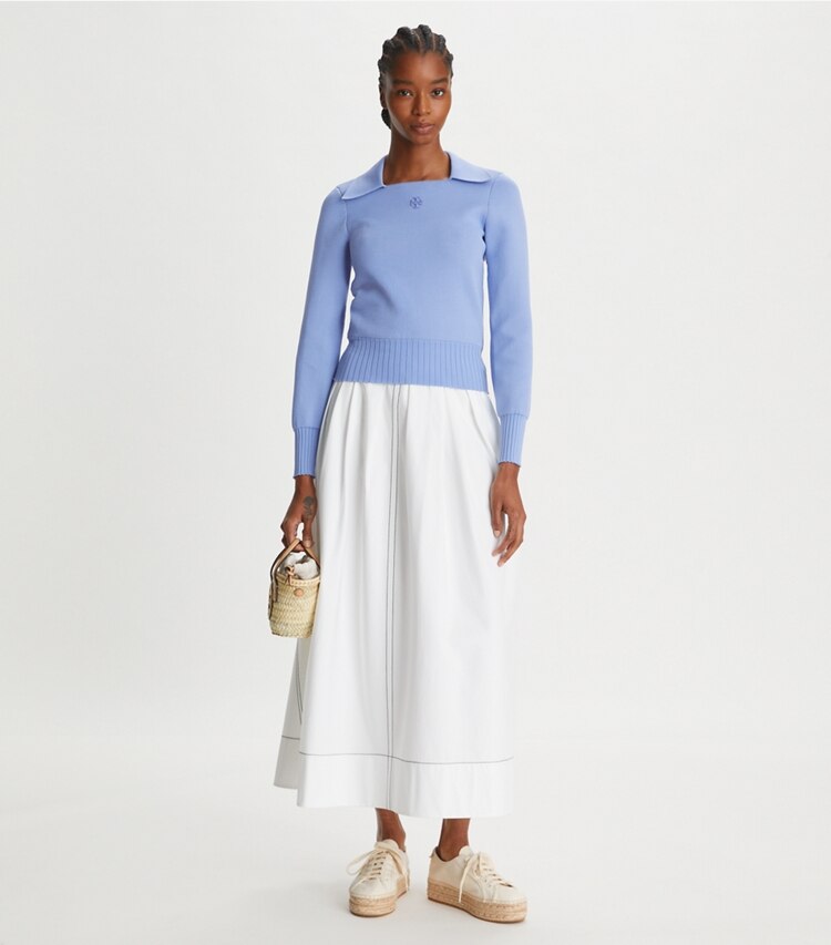 Tory Burch designer sweaters Logo Polo Sweater in Blue Hydrangea on model front