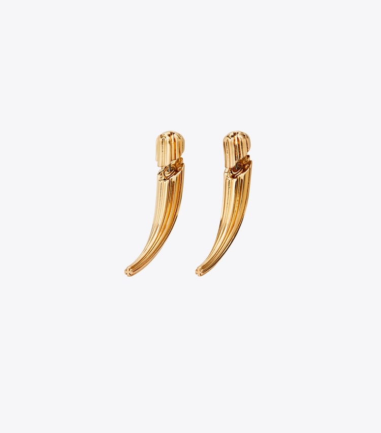 Tory Burch designer earrings Logo Spike Front-Back Earring in Light Brass front