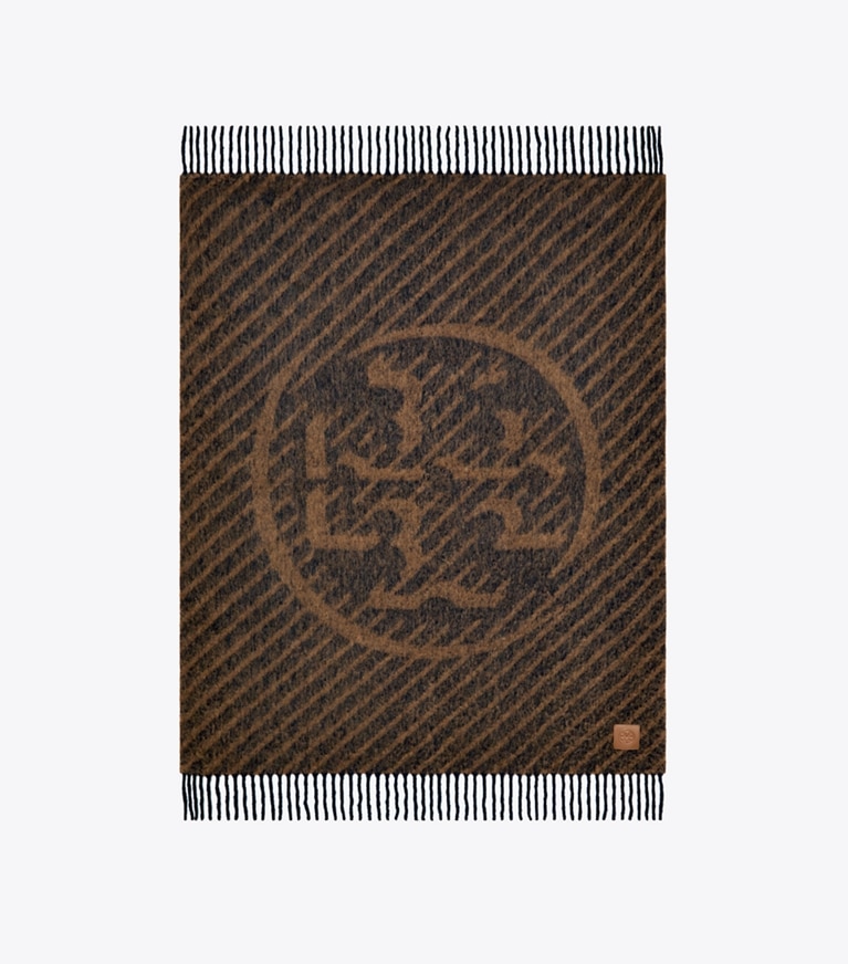 Tory Burch designer décor Logo Stripe Bouclé Blanket in NAVY / BROWN front