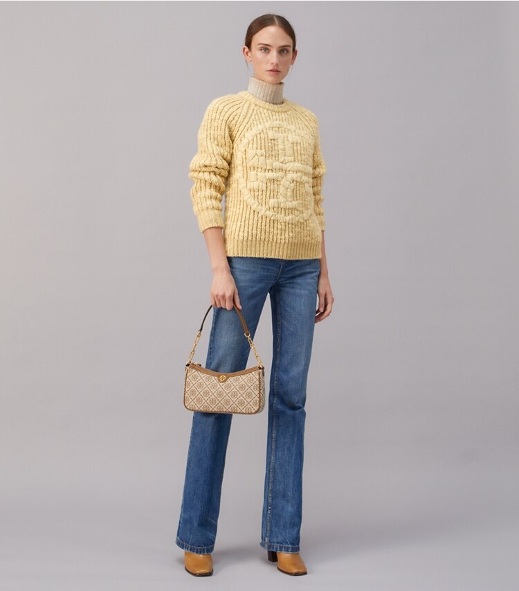 Tory Burch designer sweaters Logo Sweater in Dark Natural Ivory on model front