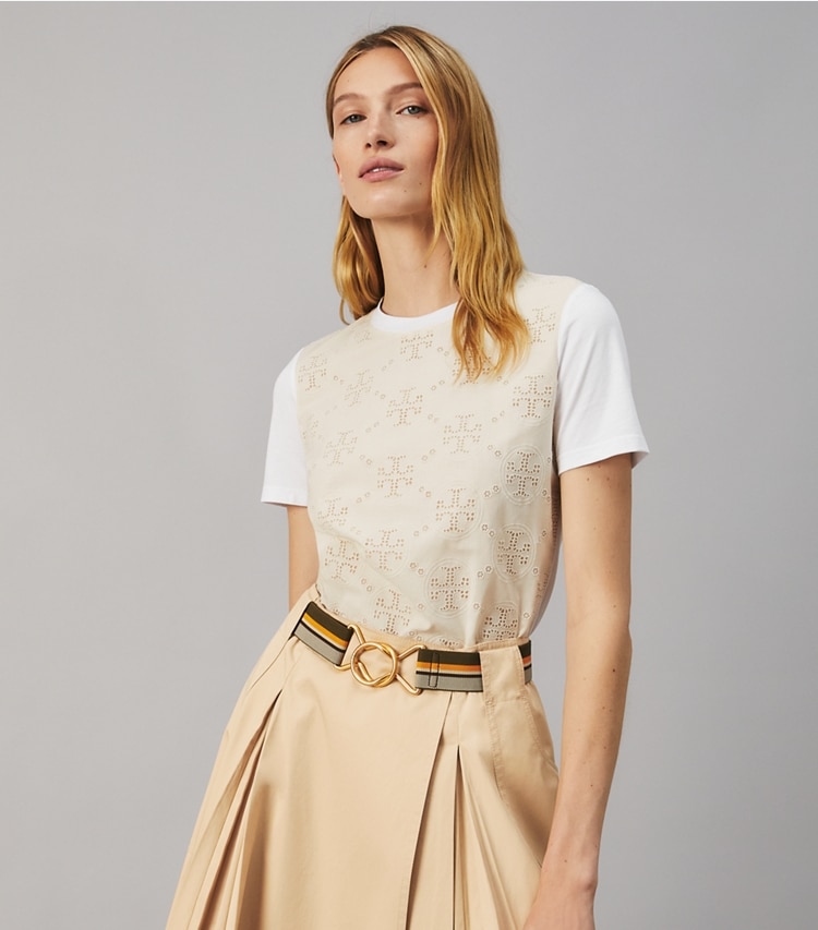Tory Burch designer tops Logo T-Shirt in White on model detail