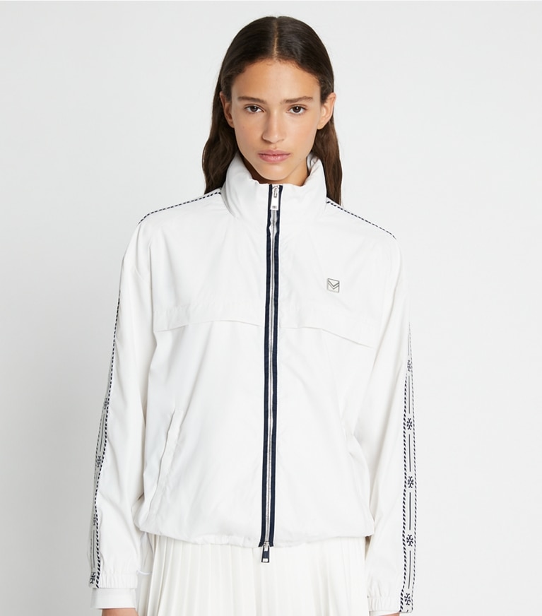 Tory Burch designer ジャケット ロゴテープ フルジップ アノラック in Snow White front