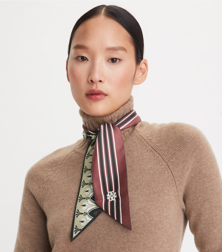 Tory Burch designer scarves Lola Montez Ribbon Tie in BURGUNDY accessory on model