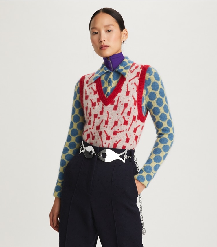 Tory Burch designer sweaters Lollipops Jacquard Sweater Vest in Rosy Red on model detail