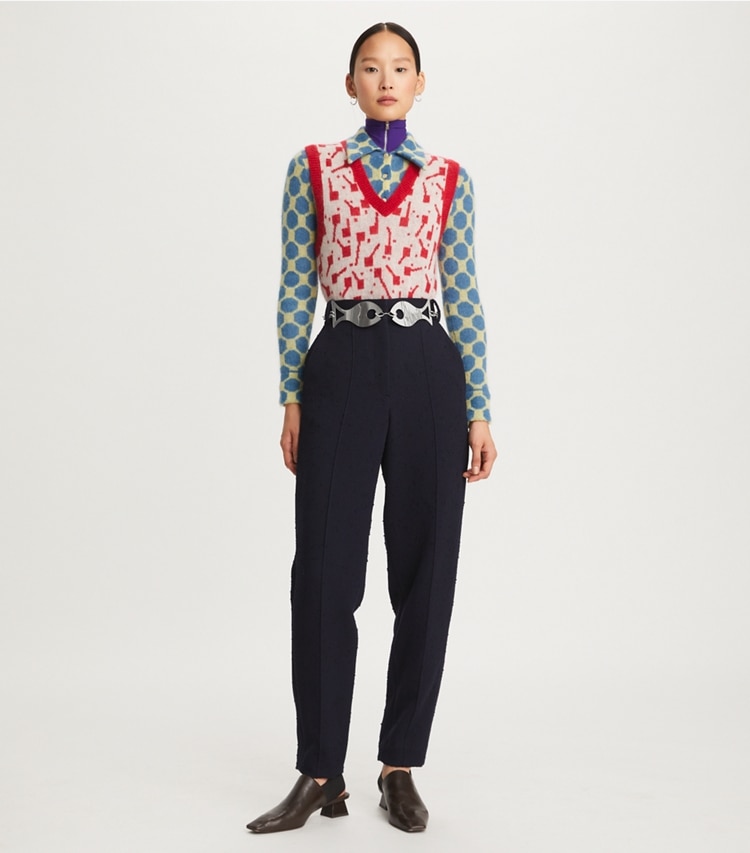 Tory Burch designer sweaters Lollipops Jacquard Sweater Vest in Rosy Red on model front