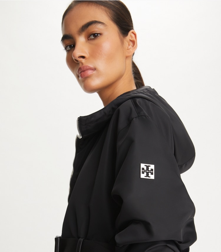 Tory Burch designer jackets Long Belted Anorak in Sport Black on model detail
