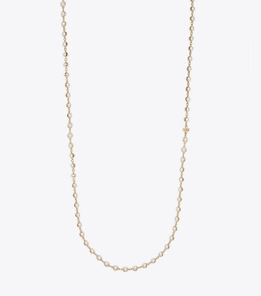 Tory Burch designer colliers Long collier de perles dans Light Brass / Pearl de face