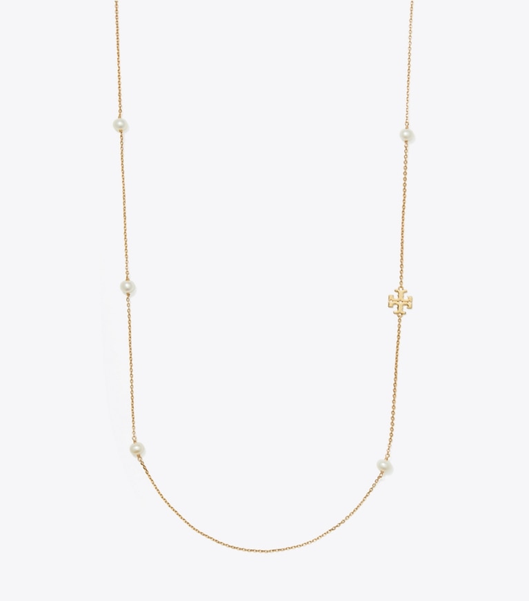 Tory Burch designer colliers Long collier de perles Moondance dans Tory Gold / Pearl de face
