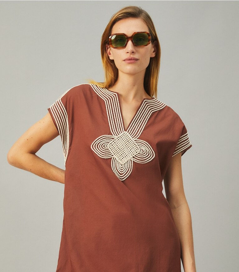 Tory Burch designer coverups Long Embroidered Caftan in Dark Rust front