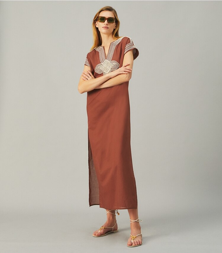 Tory Burch designer coverups Long Embroidered Caftan in Dark Rust on model front