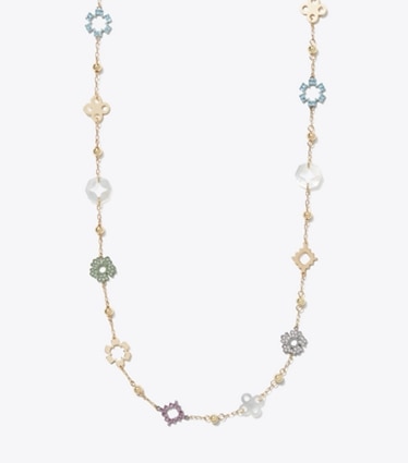 Tory Burch designer necklaces Long Forget Me Not Pavé Necklace in Tory Gold / Multi front