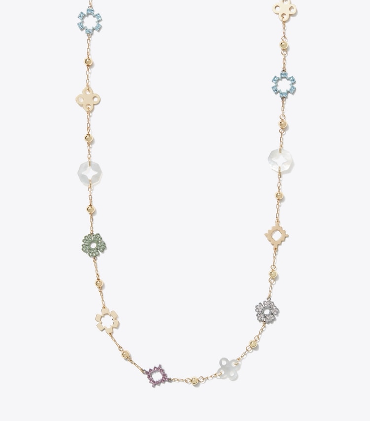 Tory Burch designer necklaces Long Forget Me Not Pavé Necklace in Tory Gold / Multi front