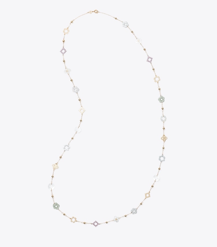 Tory Burch designer necklaces Long Forget Me Not Pavé Necklace in Tory Gold / Multi overhead