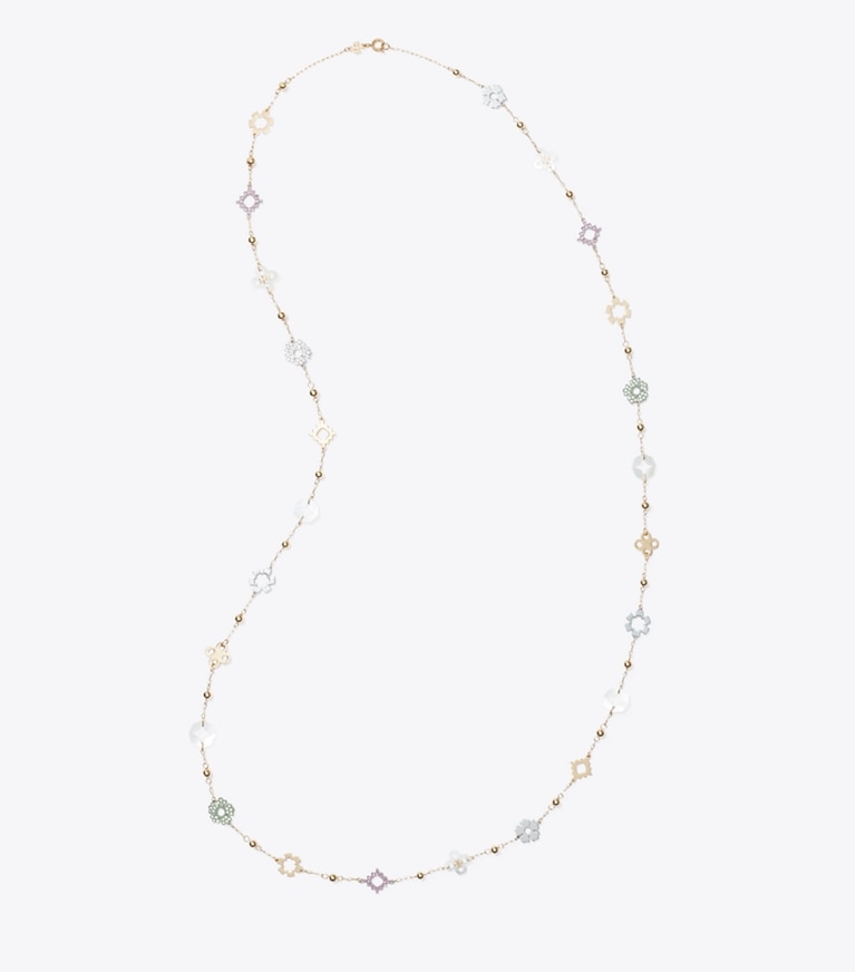 Tory Burch designer necklaces Long Forget Me Not Pavé Necklace in Tory Gold / Multi overhead