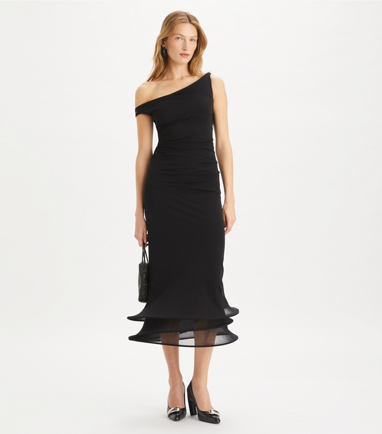 Tory Burch designer dresses Long Hoops Dress in Black on model front