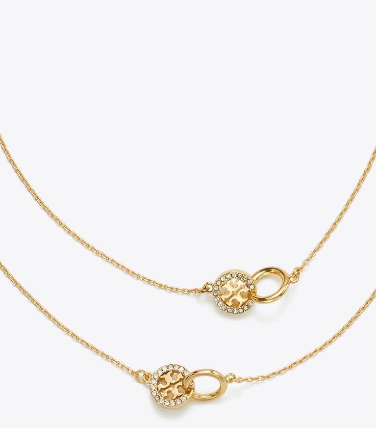 Tory Burch designer necklaces Long Icon Pavé Interlocking Necklace in Tory Gold / Crystal detail