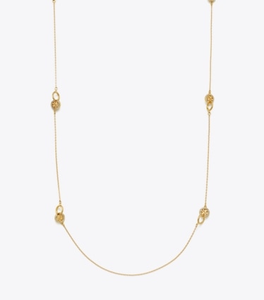 Tory Burch designer ネックレス アイコン パヴェ インターロッキング ロング ネックレス in Tory Gold / Crystal front