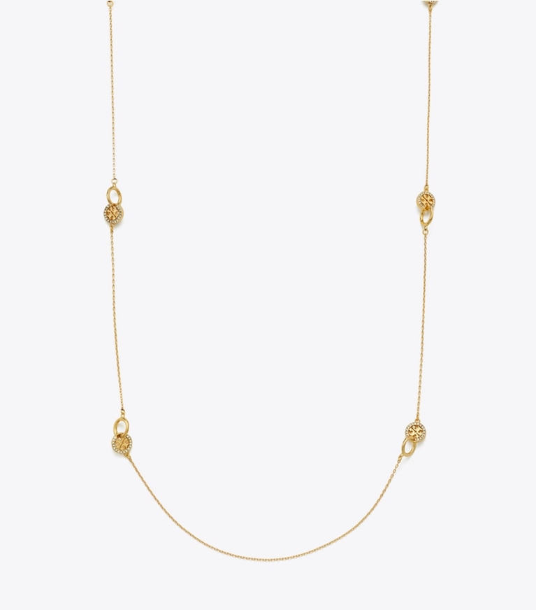 Tory Burch designer necklaces Long Icon Pavé Interlocking Necklace in Tory Gold / Crystal front
